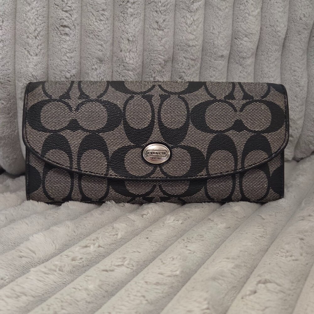 Coach Peyton Slim Envelope Wallet in black and gray signature coated canvas